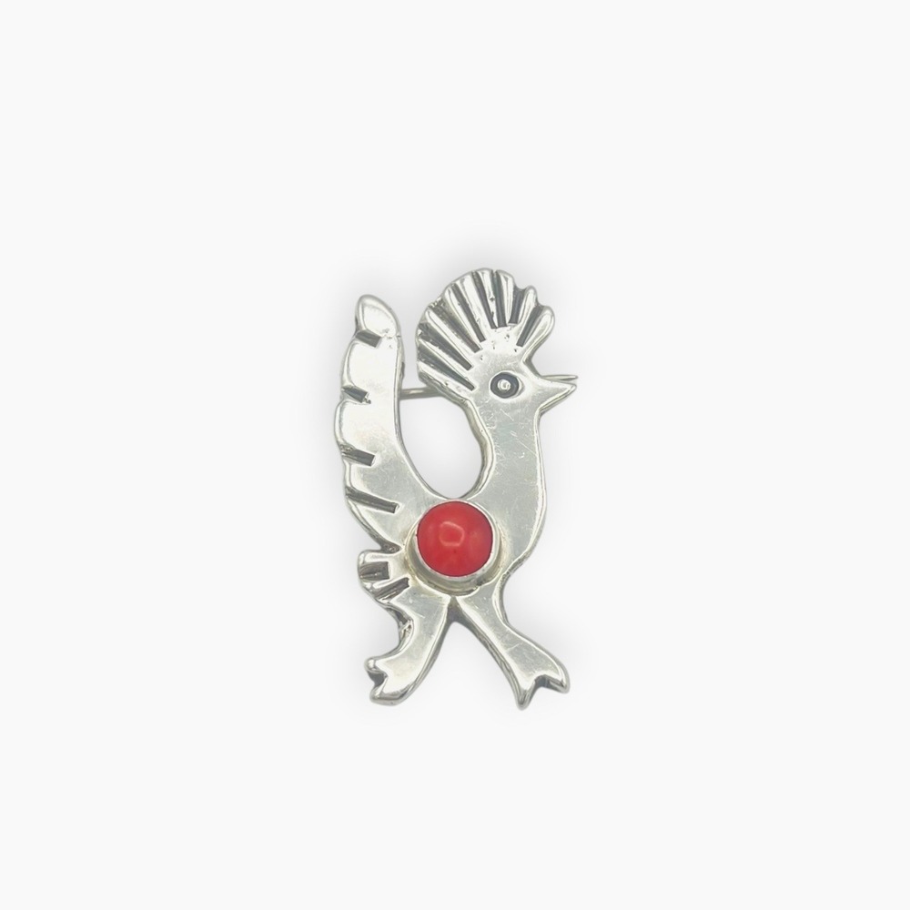 Vintage Sterling Silver Roadrunner Brooch 925 NAVAJO Red Coral Road Runner Bird